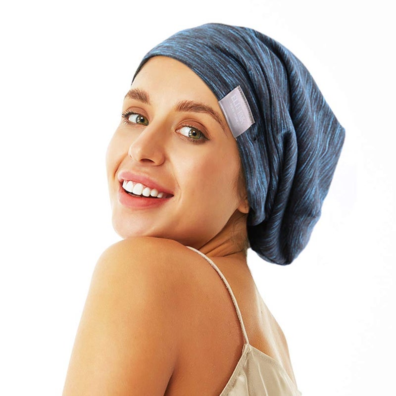 ELIHAIR Beanie Sleep Hats Bonnet for Night Sleeping Cap Silky Lined Satin Bonnet with Adjustable Elastic Band for Women Girls Curly Frizzy Hair Cover(Regular Blue Black) - Image 1